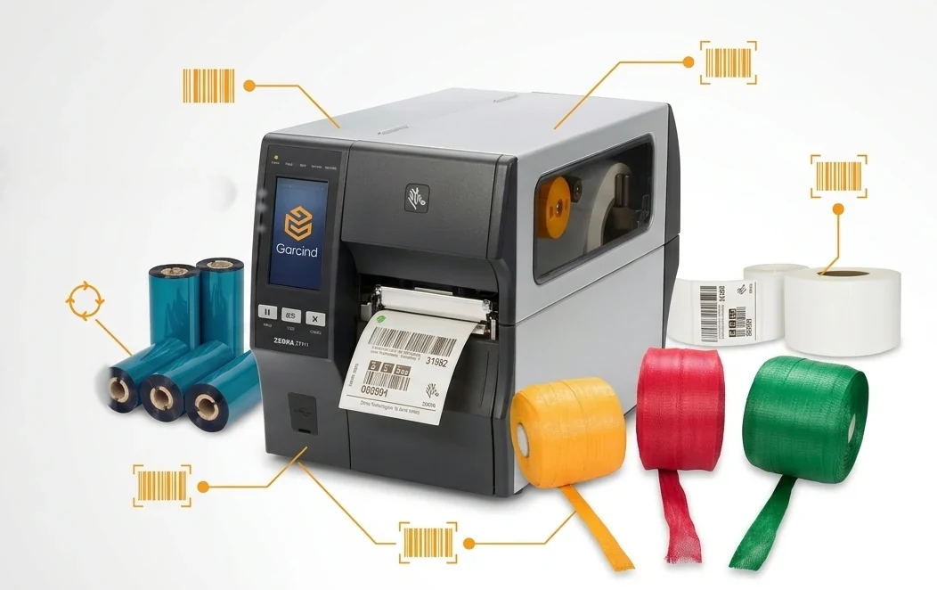Impresora de etiquetas Zebra imprimiendo, con rollos de ribbon, etiquetas y malla tubular Garcind